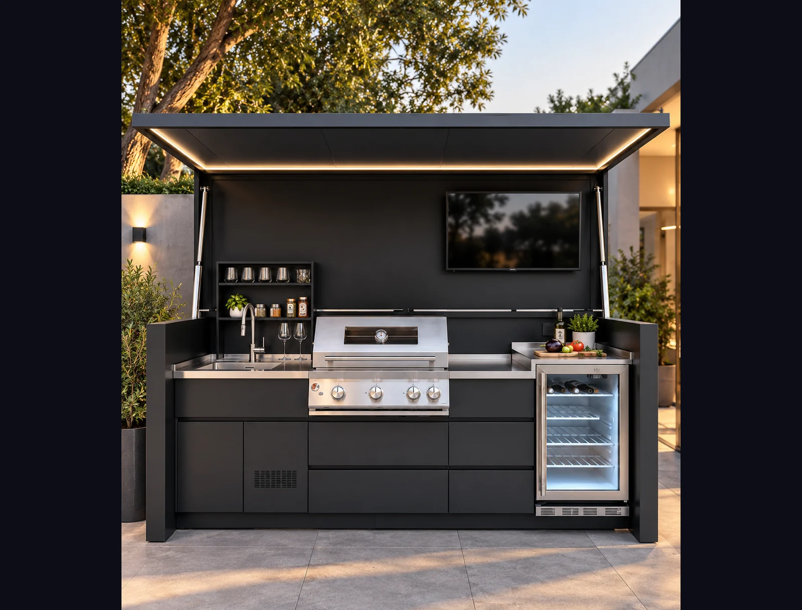 Pod Optimus Design BarbecueZone de jour, toit relevé — cuisine extérieure fermée à façade rainurée anthracite, barbecue gaz, évier, réfrigérateur vitré, TV et enceintes Bluetooth