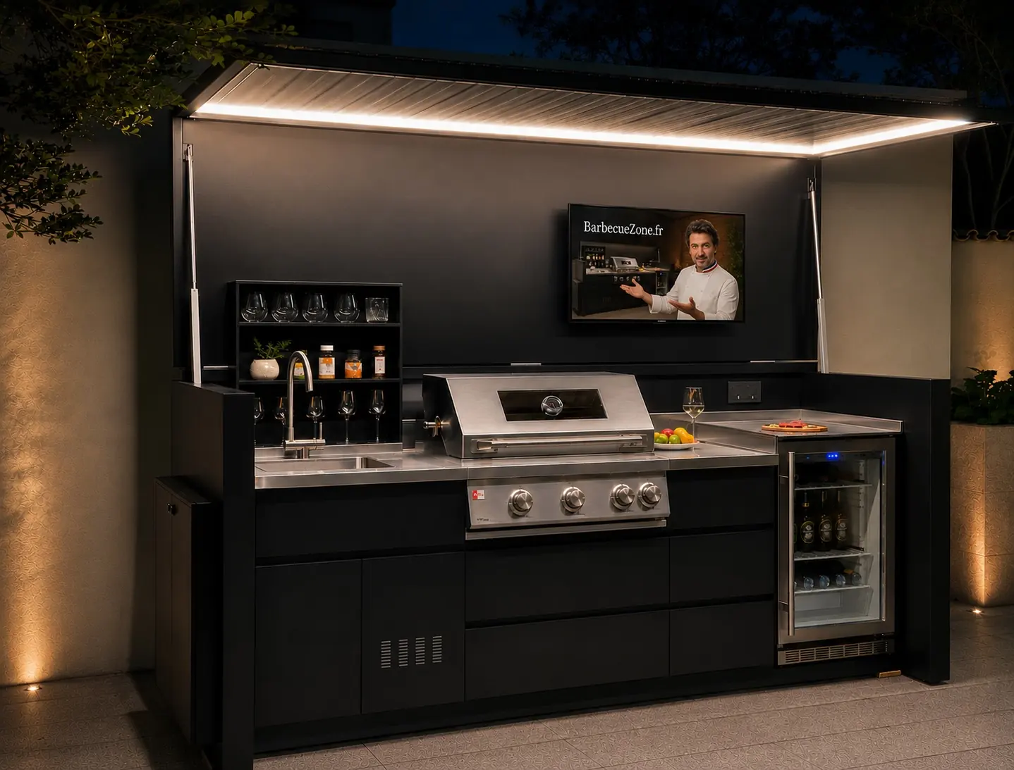 Pod Optimus Design ouvert de nuit — bandeau LED sous le toit relevé, barbecue gaz inox, évier, réfrigérateur porte vitrée et TV allumée