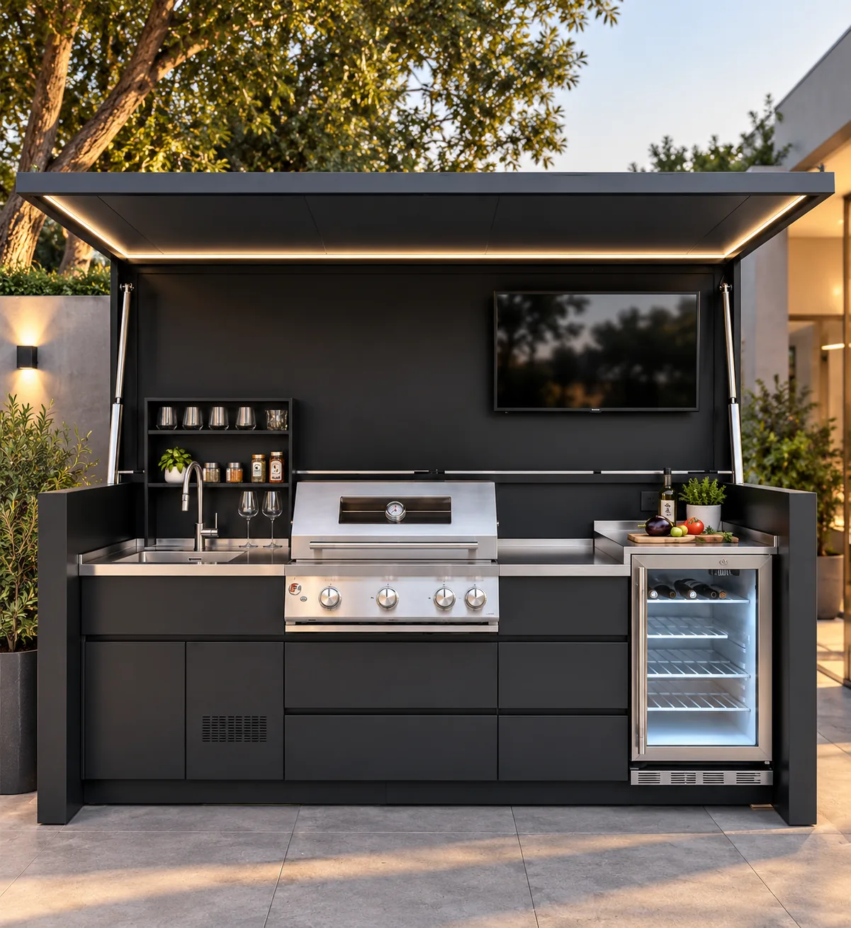 Pod Optimus Design BarbecueZone vu de face, toit relevé — cuisine extérieure fermée inox 304 de 2,69 m, façade rainurée anthracite, barbecue gaz 4 brûleurs, TV et réfrigérateur porte vitrée, série limitée