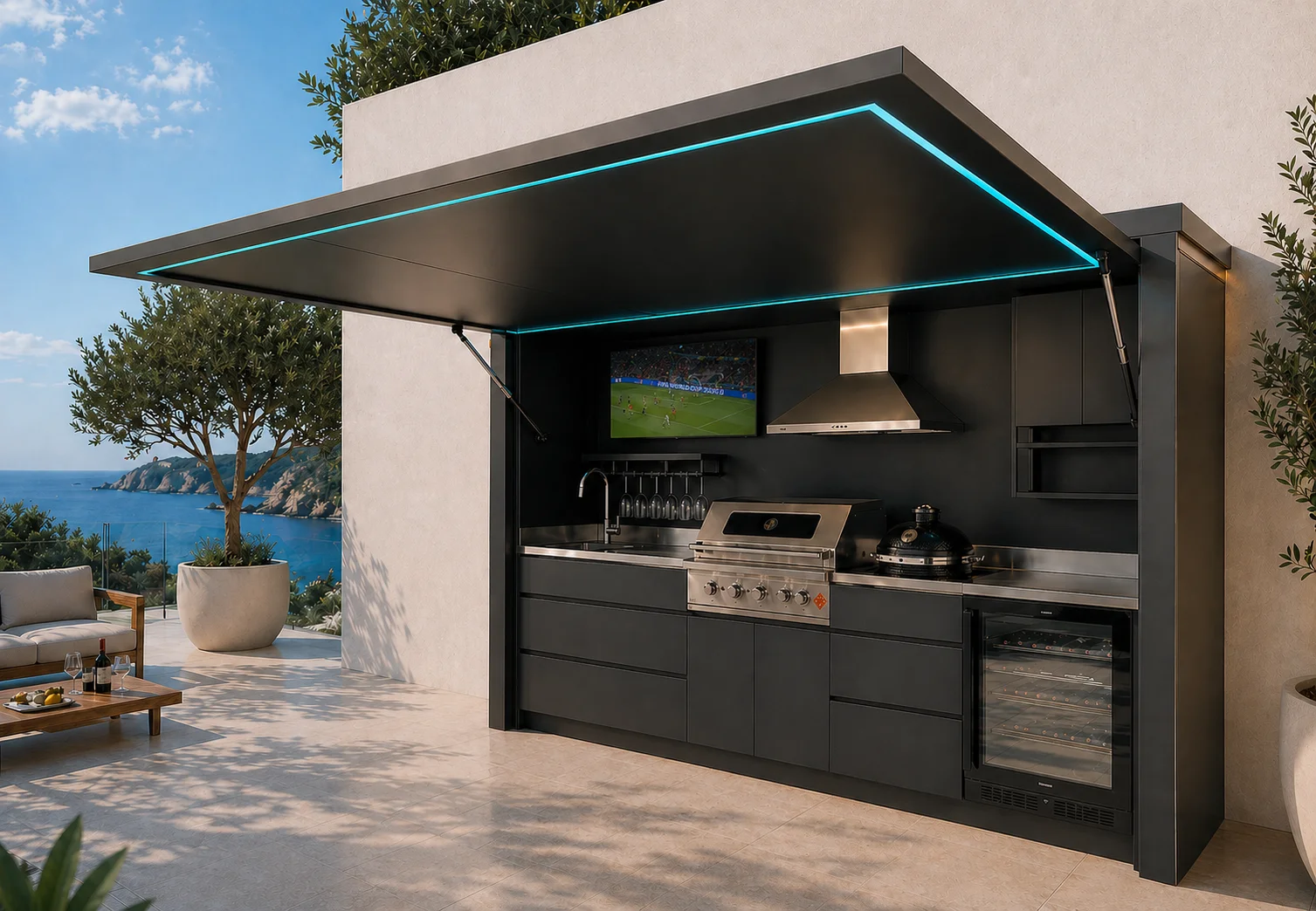 Pod Signature BarbecueZone anthracite avec TV étanche et vue mer, éclairage cyan