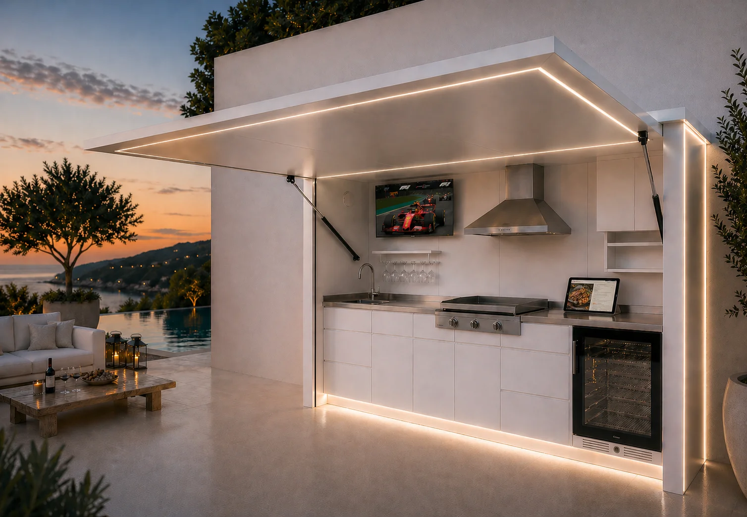 Pod Signature BarbecueZone blanc avec TV étanche et iPad intégré dans un jardin contemporain