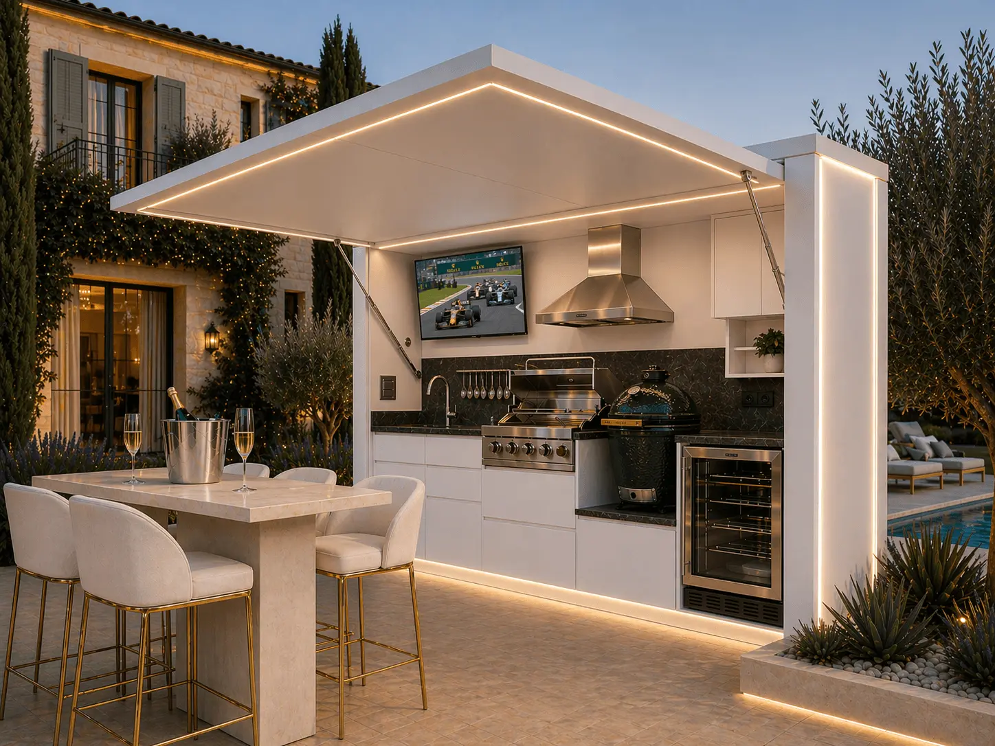 Pod Signature BarbecueZone blanc sur terrasse provençale de nuit avec éclairage LED ambiance