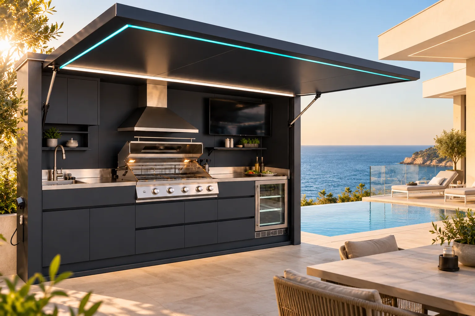 Pod Signature BarbecueZone en finition Black Sand, ouvert face à la mer — cuisine extérieure fermée inox 304 de 3,50 m avec barbecue gaz, hotte, TV et réfrigérateur
