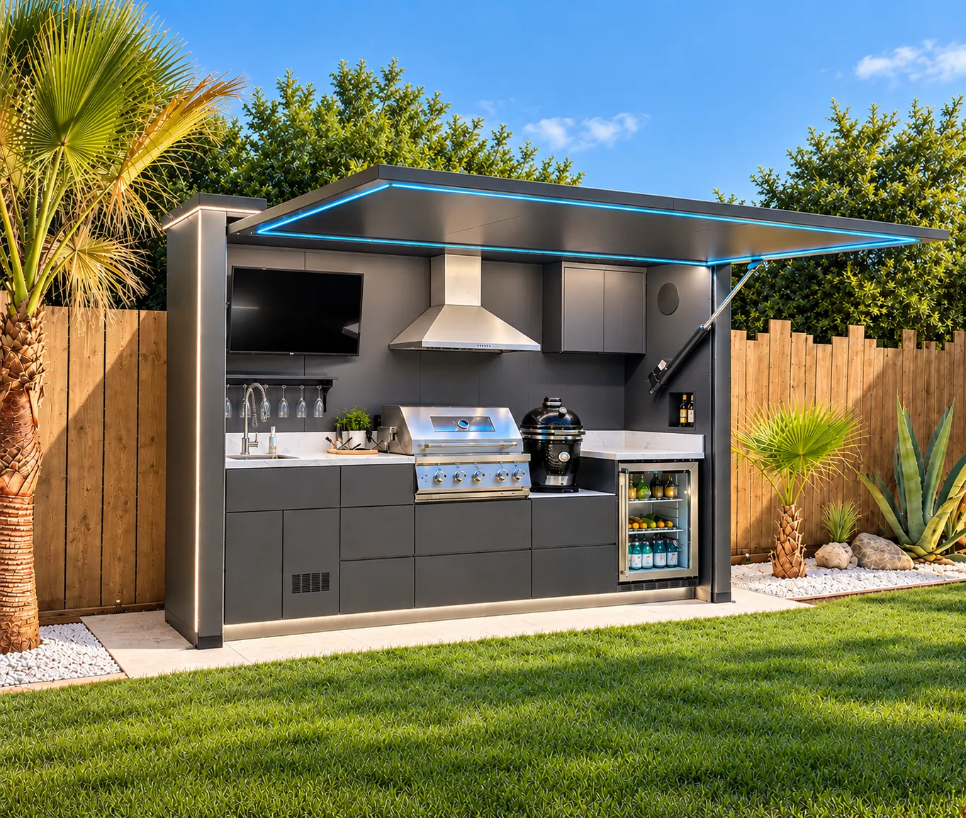 BarbecueZone Signature Design Pod open in a garden — covered outdoor kitchen in 100 % 304 stainless steel with gas barbecue, kamado, sink and fridge, offered to distributors