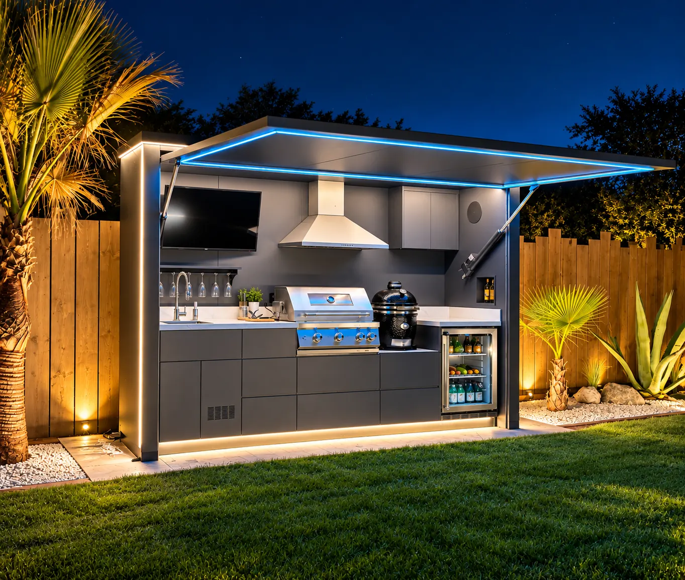 Cuisine extérieure Pod Signature Design anthracite éclairée de nuit, kamado Monolith Junior noir intégré entre le grill gaz et le réfrigérateur à boissons, liseré LED bleu sous le toit et bandeau lumineux en pied de meuble