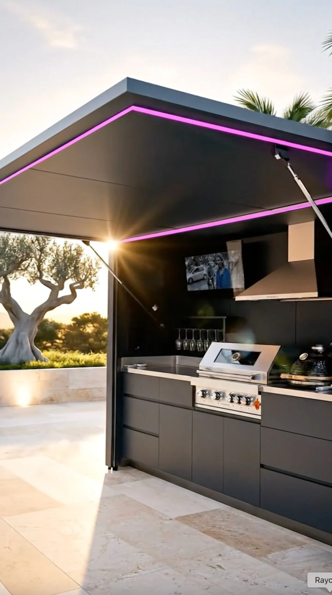 Pod Signature BarbecueZone ouvert au coucher du soleil — éclairage LED violet, TV intégrée, barbecue gaz, kamado et olivier centenaire