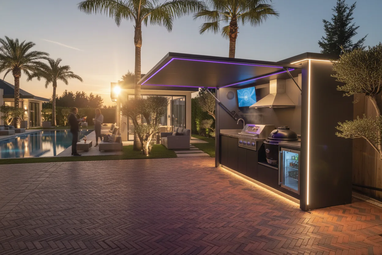 Pod cuisine extérieure BarbecueZone dans jardin méditerranéen luxuriant avec oliviers centenaires et vue mer