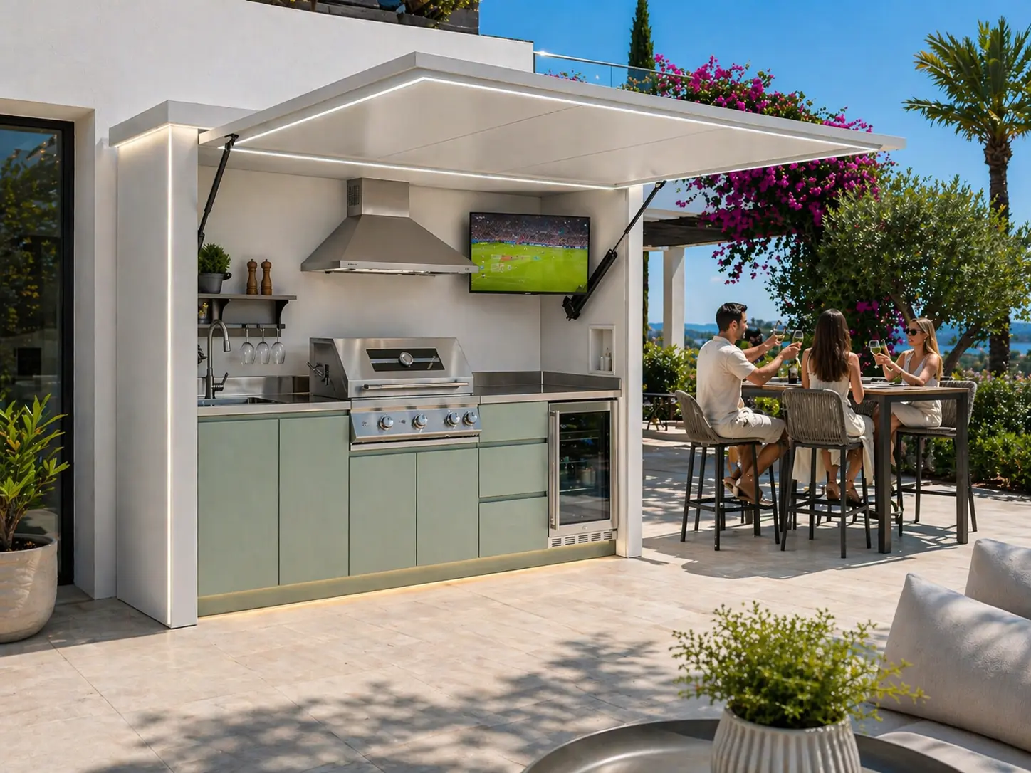 Pod Riviera Design sur terrasse de Provence avec façade pastel verte, convives autour d'une table haute prenant un verre, vue sur collines