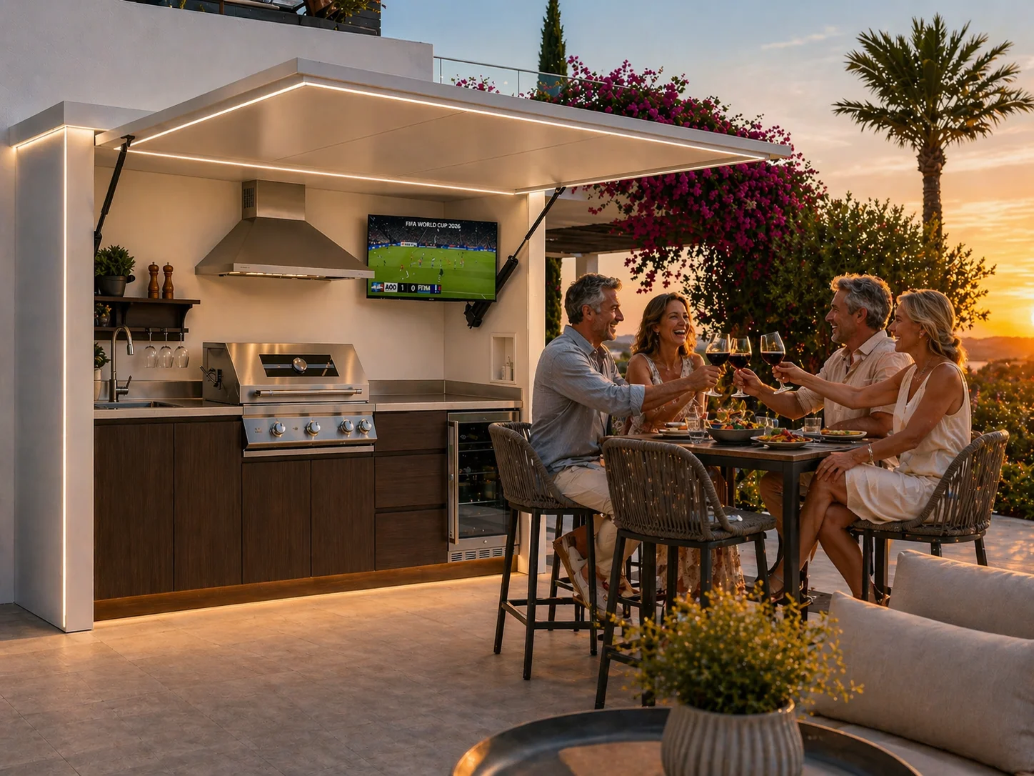 Pod Riviera Design vu de profil — cuisine d'été extérieure couverte par toit rigide inox, porte motorisée en cours de fermeture, équipements intégrés visibles