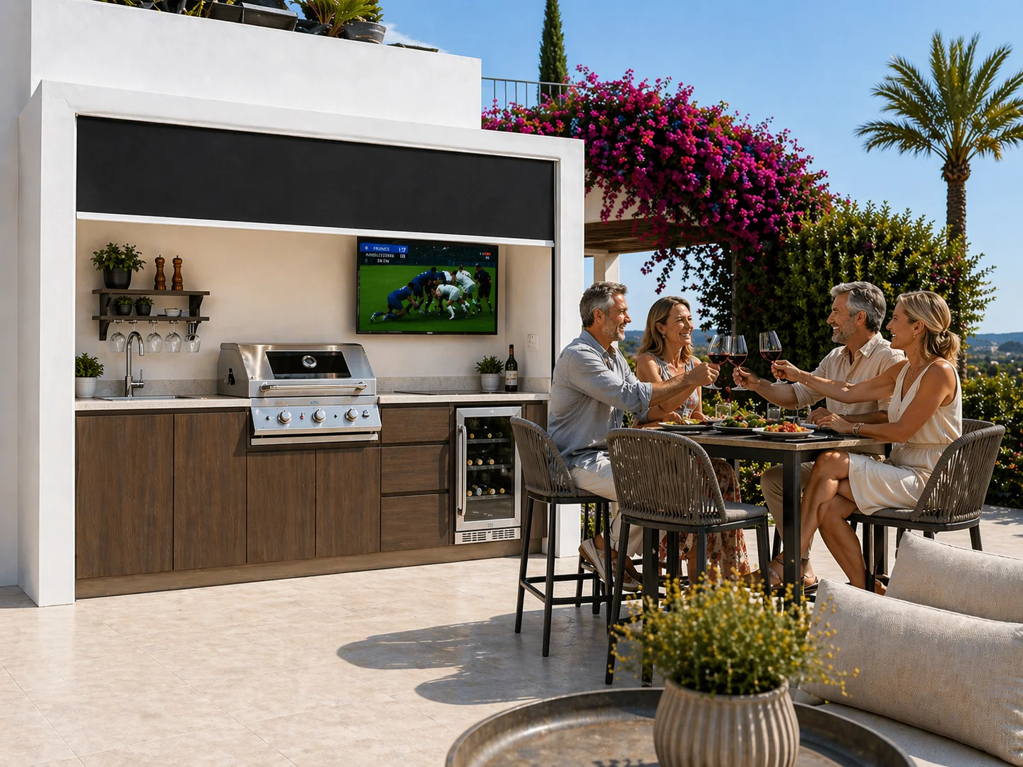 Cuisine extérieure couverte BarbecueZone — Pod inox 304 avec fermeture motorisée sur terrasse