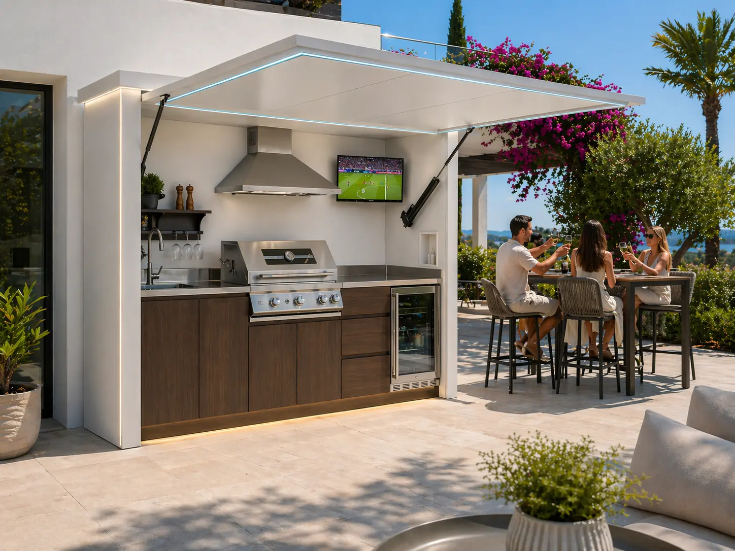 Pod Riviera ouvert — cuisine extérieure complète avec convives, grill gaz et TV allumés
