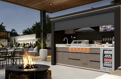 Pod Signature Volet Roulant BarbecueZone — cuisine extérieure design avec volet roulant motorisé, finition noyer, brasero et terrasse couverte