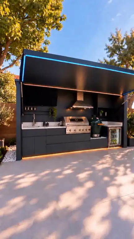 Pod Signature Design BarbecueZone ouvert en plein soleil — cuisine extérieure inox 304 avec hotte, barbecue gaz et kamado